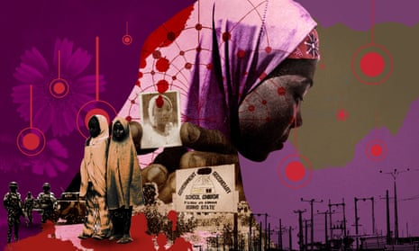 An illustration showing a montage of an African girl in a hijab in profile, soldiers, a hand holding a photo, and the Chibok school sign