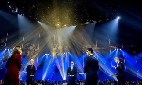 Dilan Yesilgoz (VVD), Geert Wilders (PVV), Pieter Omtzigt (NSC), Rob Jetten (D66) and Pieter Jan Hagens during the EenVandaag Election Debate 'The Future of the Netherlands' in Ahoy in Rotterdam.