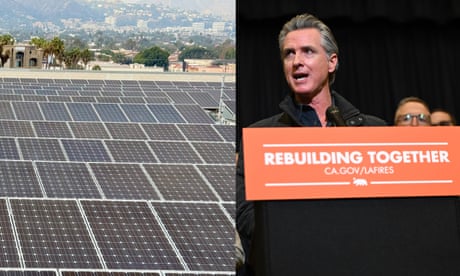 side by side images of sun panels and California governor Gavin Newsom speaking