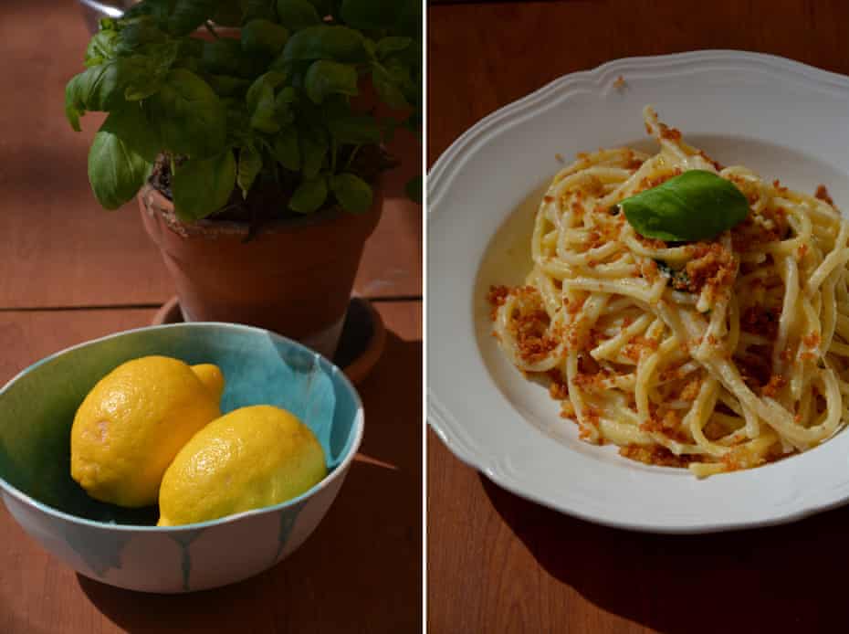 Rachel Roddy’s spaghetti with lemon, basil and breadcrumbs.