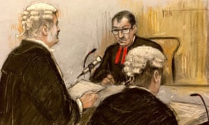 Court artist sketch by Elizabeth Cook of (left to right) Hugh Tomlinson QC, representing Rebekah Vardy, judge Mr Justice Warby and David Sherborne, representing Coleen Rooney, at the Royal Courts of Justice.