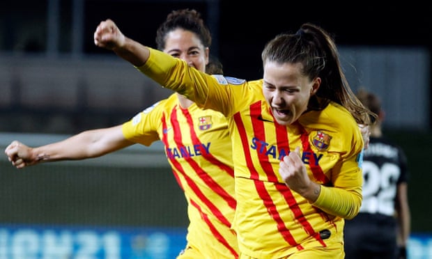 Claudia Pina celebrates after giving Barcelona the lead.