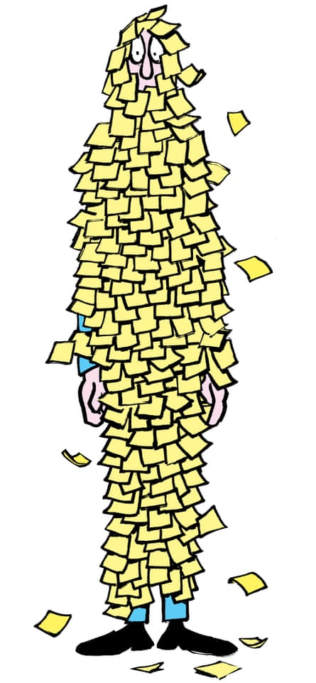 Illustration of a man covered from head to toe in Post-it notes
