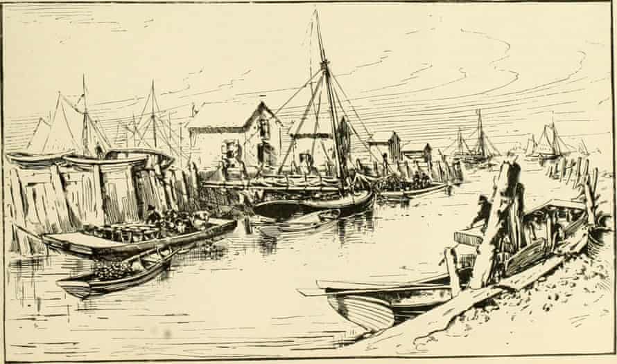 O ilustrație din secolul al XIX-lea a industriei stridiilor din Staten Island. 