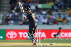 India set Australia 162 to win the first T20 international – live! | Sport 3 Shikhar Dhawan off peg falls to the ground.