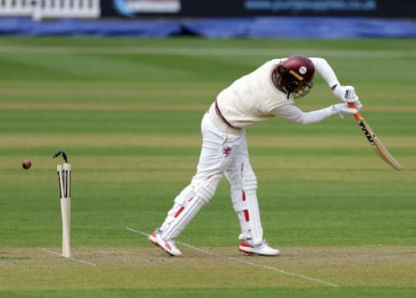 Somerset's Tom Kohler-Cadmore is bowled by Nottinghamshire's Olly Stone.