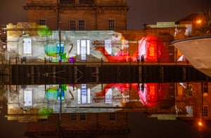 Chitra Ramaswamy’s words is projected on to Leith Custom House
