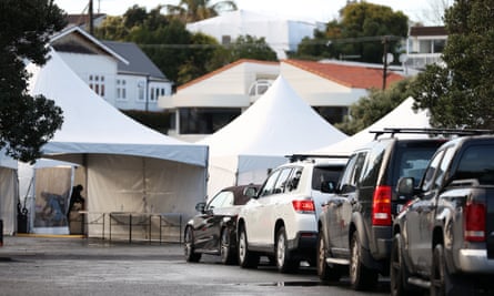 A Covid 19 testing station is set up in Woodall Park carpark in Narrowneck, Devonport as Auckland