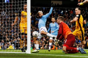 Manchester City’s Sergio Agùero misses a chance to score against Port Vale. City won 4-1.