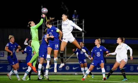 Chelsea goalkeeper Ann-Katrin Berger punches the ball out from a corner during the UEFA Women's Champions League group A match