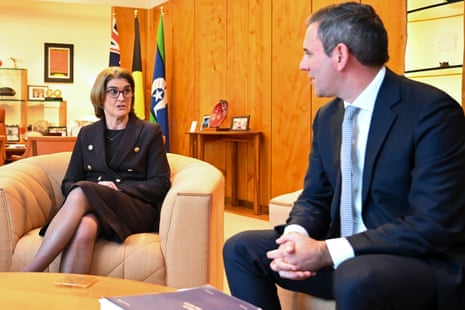Incoming Reserve Bank of Australia governor Michele Bullock speaks to treasurer Jim Chalmers