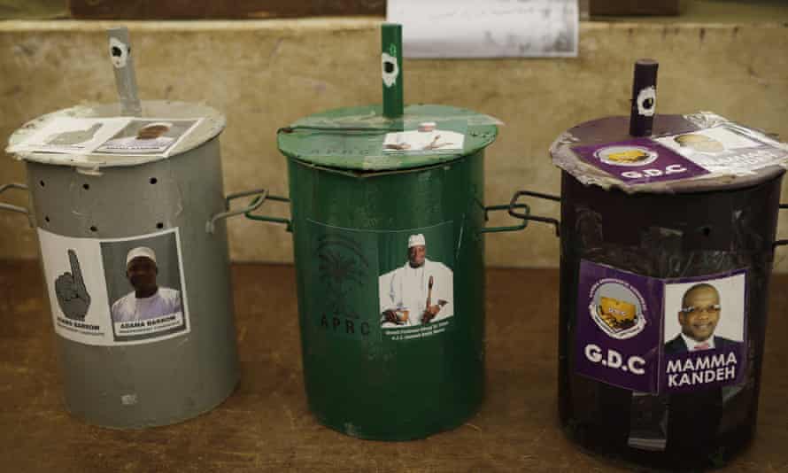 Three ballot drums at a polling station in Serekunda.