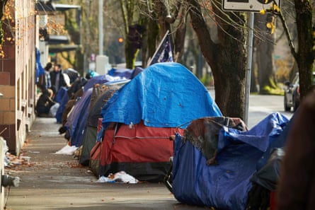 Tents lining a street in Portland