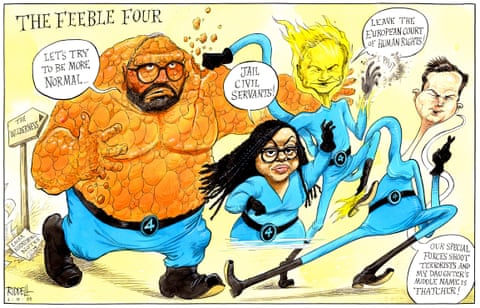 Chris Riddell illustration of the four Tory leadership candidates as the Feeble Four superheroes, panel 1