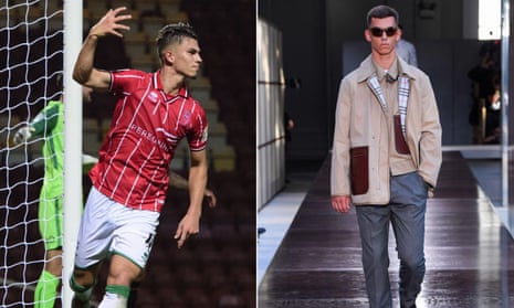 Lewis Montsma celebrates after scoring in the Carabao Cup against Bradford this month; and on the catwalk at a Burberry fashion show.