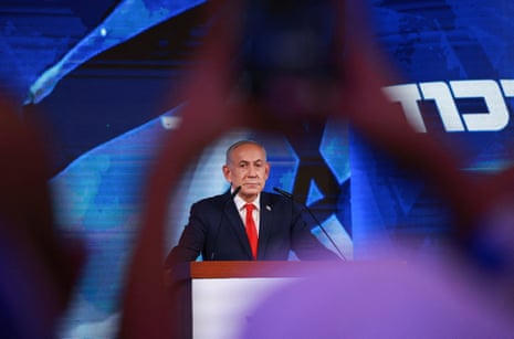 Benjamin Netanyahu speaks at his party headquarters.