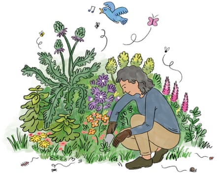 Illustration of woman tending garden