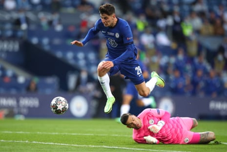 Kai Havertz fights to keep his balance after beating Ederson to the ball on the way to scoring the only goal of the Champions League final.