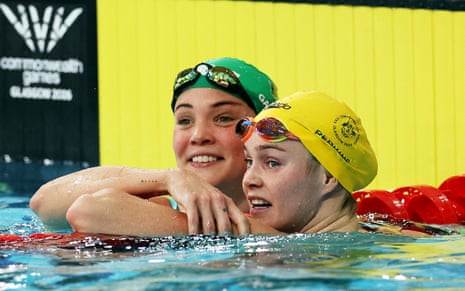 Australia's Alex Perkins (right) celebrates after winning the women's 50m butterfly final with second placed South Africa's Erin Gallagher.