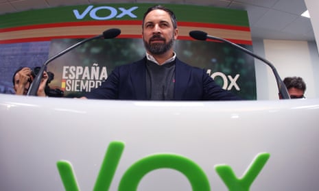 President of Vox party Santiago Abascal addresses a press conference after the meeting of Vox’s national executive committee to analyze the election results in Madrid, Spain, on 11 November.