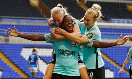 Danielle Carter celebrates after scoring for Brighton in a 5-0 win over Birmingham.