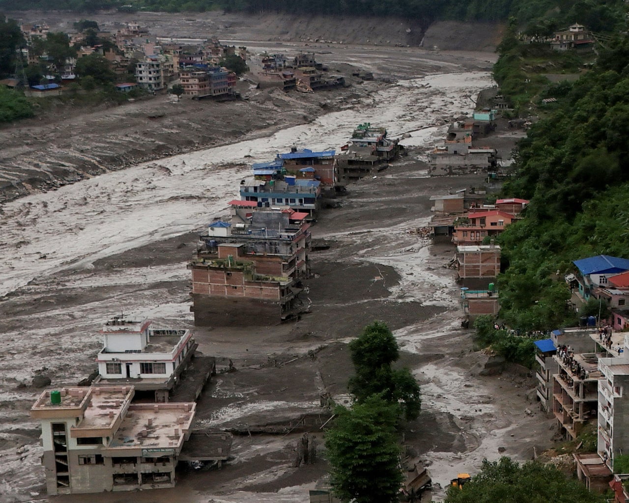 Damaged properties after a flash flood at Trishuli, Nepal.