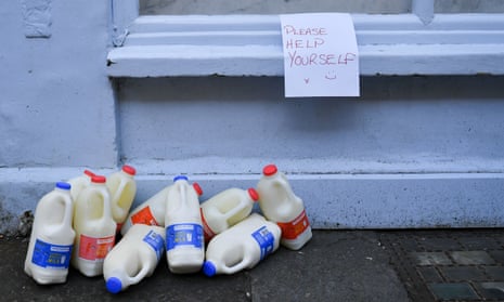 Frozen milk on offer to the public outside a bakery in Bath after shops and businesses closed