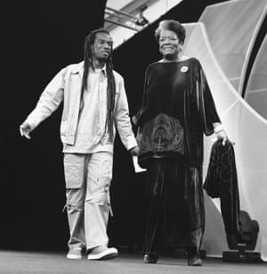 Zephaniah and Maya Angelou together on stage at the 2002 Hay festival