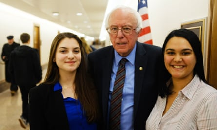 Parkland school newspaper staffers Rebecca Schneid and Dara Rosen with Bernie Sanders.