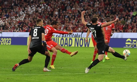 Leroy Sané scores Bayern Munich’s third goal from 20 yards.