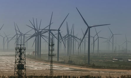 vast numbers of wind turbines in coastal area
