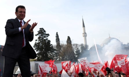 Istanbul mayor Ekrem Imamoğlu greets supporters during a rally ahead of the local elections in Istanbul, Turkey 30 March 2024.