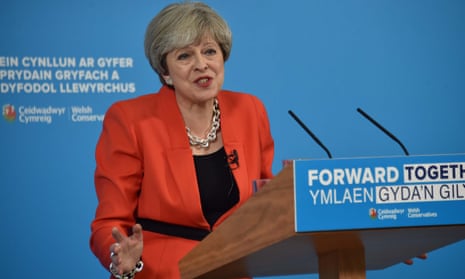 Theresa May comes under pressure at the launch of the Tory party’s manifesto for Wales in Cardiff.