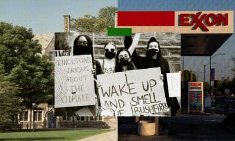 Composite image of university campus with student protesters
