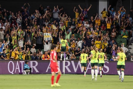 Sam Kerr celebrates scoring in front of her hometown crowd.