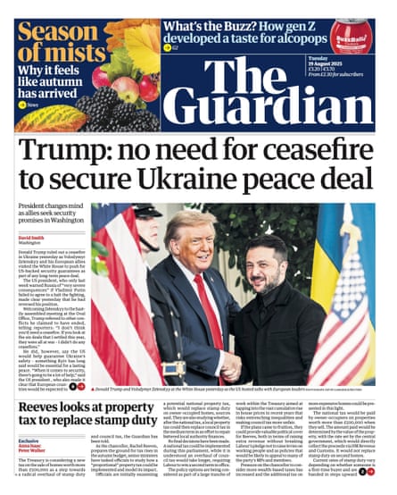 Guardian front page, Tuesday 19 August 2025