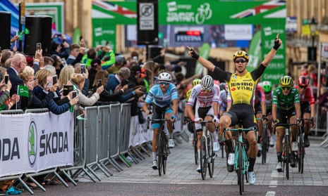 Dylan Groenewegen celebrates winning stage three of the 2019 Tour of Britain in Newcastle