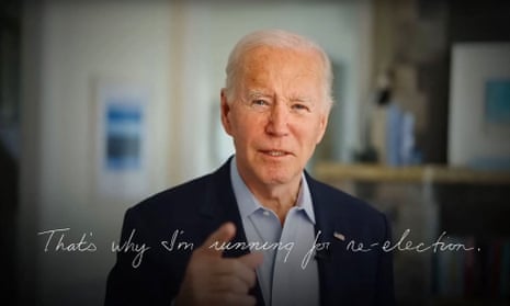 The words 'That's why I'm running for re-election' are superimposed on a video still of Joe Biden pointing a finger