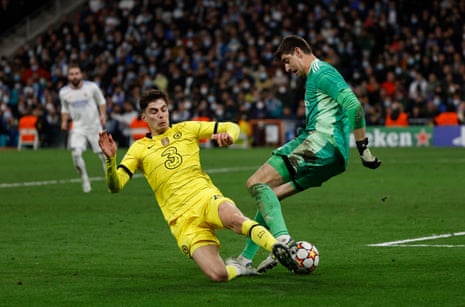 Chelsea’s Kai Havertz in action with Real Madrid’s Thibaut Courtois.