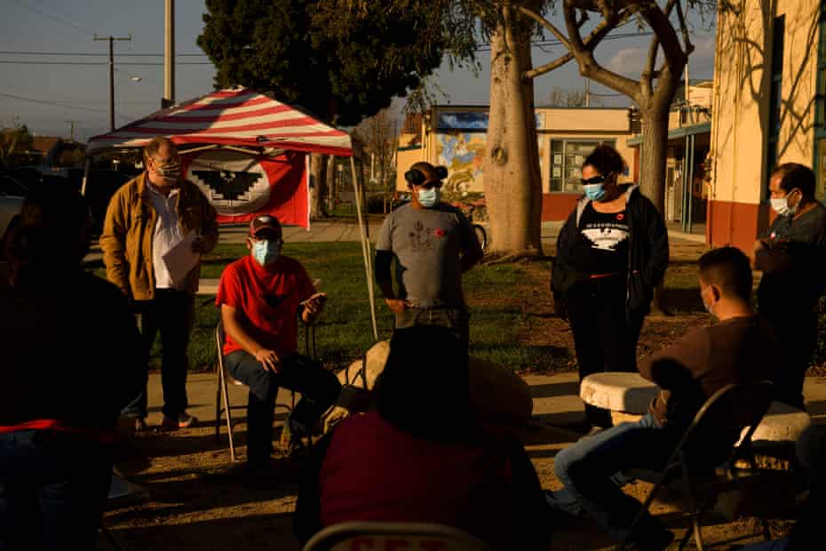 UFW members hold a community outreach meeting about Covid-19 vaccinations in Oxnard, California.