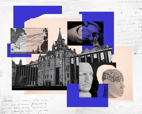 Edinburgh uni, map of slave trade route, skull from the Phrenology collection, phrenology head