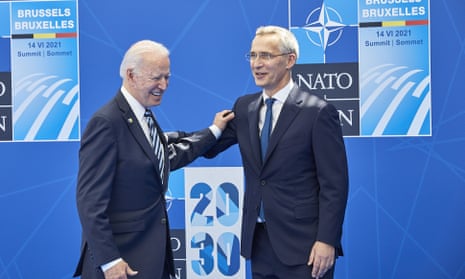 President Biden greets Nato’s secretary general, Jens Stoltenberg, at the Nato summit in Brussels on Monday.