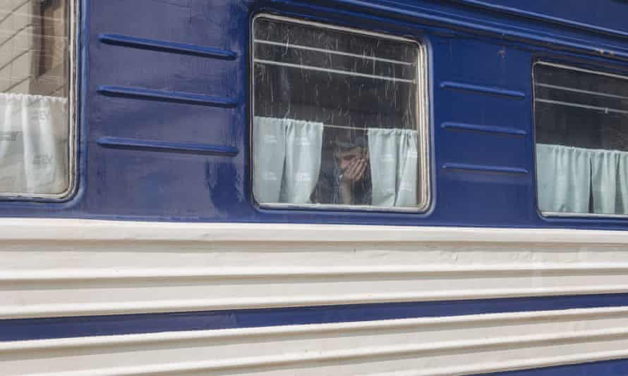 A man displaced from Donbas on an evacuation train in Pokrovsk, Donetsk Oblast, Ukraine, on May 30, 2022.