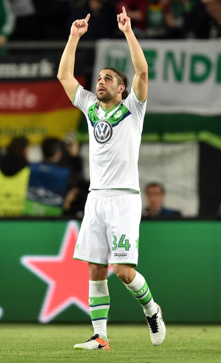 Ricardo Ricardo Rodriguez points to the sky after scoring for Wolfsburg against Real Madrid in April 2016.