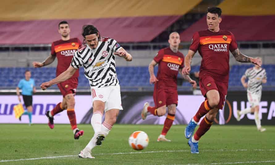 Edinson Cavani scores Manchester United’s first goal on a night when they did not have it all their own way against Roma.