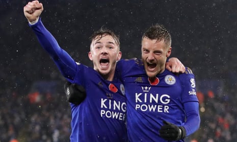 James Maddison celebrates scoring Leicester’s second goal against Arsenal with Jamie Vardy.
