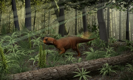 Psittacosaurus reconstructed in its probable Cretaceous forested habitat