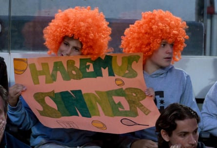 Supporters hold a banner welcoming back Jannik Sinner that says "Habemus Sinner" adapting the Latin phrase used after the election of a pope, “Habemus papam” – we have a pope.