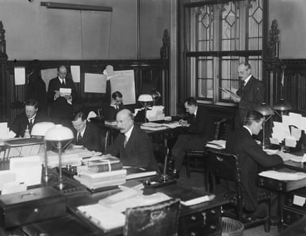 Civil servants at work in the House of Commons committee office in London, November 1919