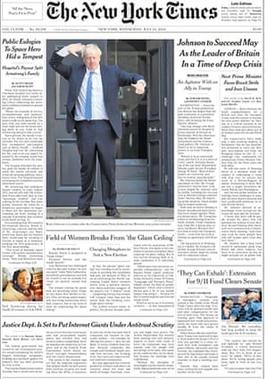Boris Johnson is the lead story of The New York Times newspaper, 24 July 2019.